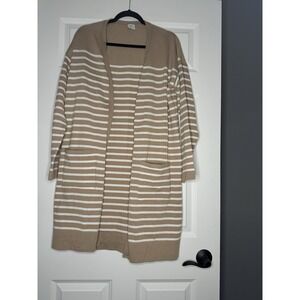 Cozy Co Plus Size Striped Open Front Cardigan Sweater 1x Tan Cream With Pockets